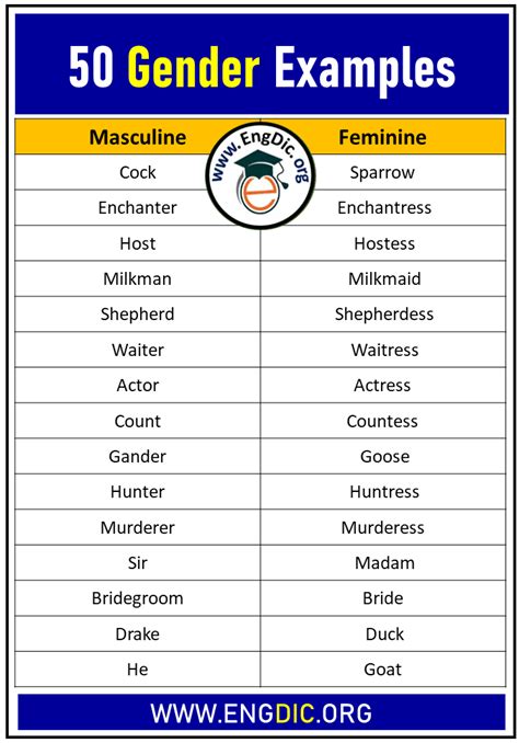 50 Gender Examples in English (Masculine & Feminine) - EngDic