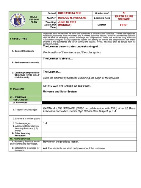 Daily Lesson Plan for Grade 11 Earth & Life Science | Learning | Curriculum