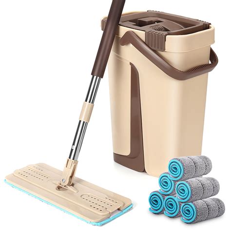 Self Wringing Mop Bucket Set Wet & Dry Cleaning Flat Floor Mop with 6pcs Microfiber Pads for ...