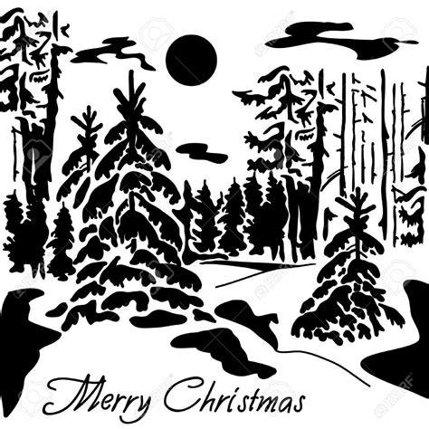 A silhouette of a winter forest Black and white, can be used.. | Christmas landscape, Winter ...