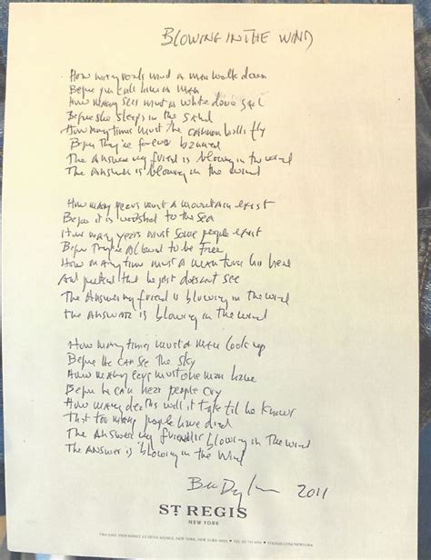 BOB DYLAN'S COMPLETE SIGNED LYRICS TO BLOWING IN THE WIND - Moments In Time