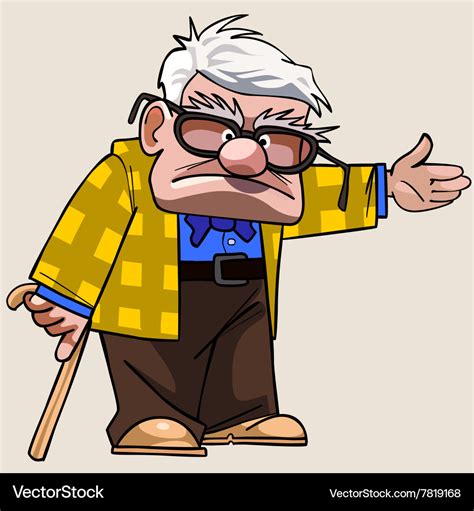 Cartoon grandfather with a cane shows his hand Vector Image