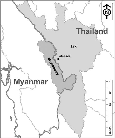 Map of Tak Province, Thailand and Myawaddy District, Kayin State, Myanmar | Download Scientific ...