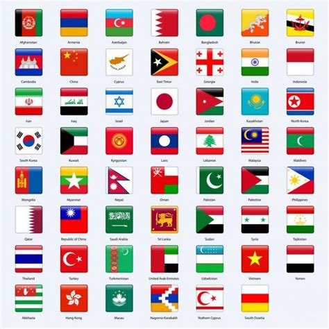 Todas las banderas de los países de Asia. Estilo brillante cuadrado ...