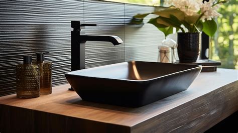 Premium AI Image | Stylish black vessel sink and faucet on wooden count