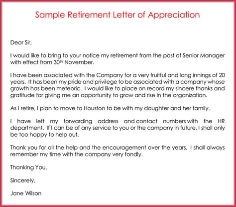 Retirement Letter Of Appreciation