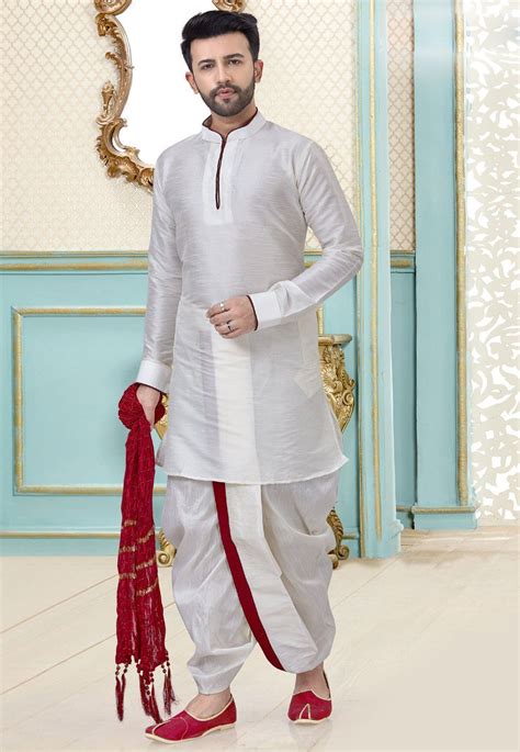 Solid Color Dupion Silk Dhoti Kurta in White in 2021 | Dupion silk ...