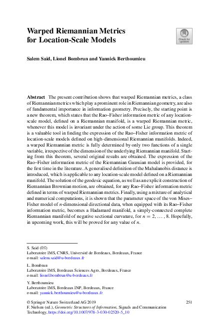 (PDF) Warped Riemannian Metrics for Location-Scale Models | Yannick Berthoumieu - Academia.edu