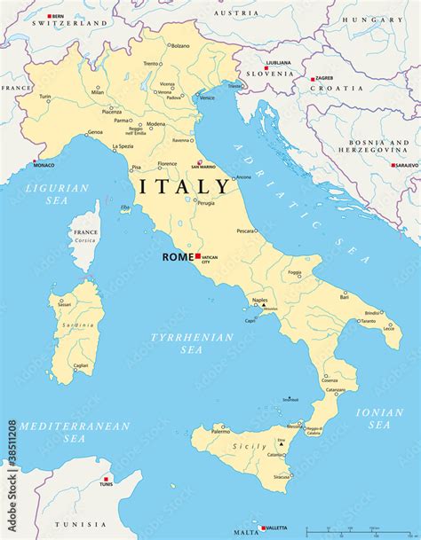 Italy political map with capital Rome, the Vatican and San Marino ...