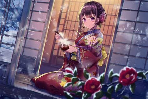 1920x1080px, 1080P free download | Anime girl, kimono, sit, snow, ramen ...