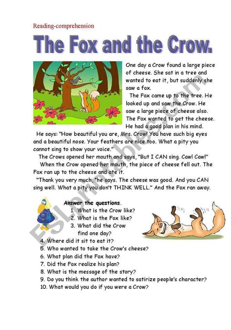 The fox and the crow. Reading-comprehension. - ESL worksheet by nurikzhan | Reading ...