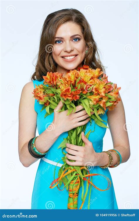 Smiling Woman with Flowers. Isolated Portrait of Happy Girl Stock Photo ...