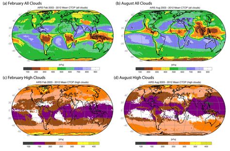 AIRS 2003-2012 mean cloud top pressure for all clouds in February (a ...