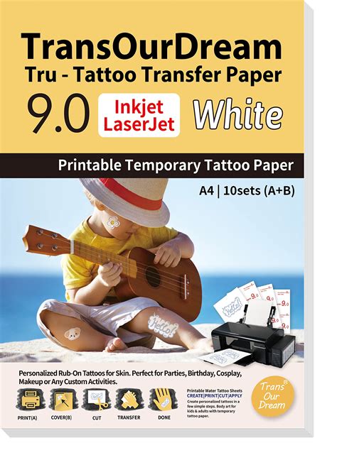 Buy TransOurDream White Printable Temporary Tattoo Transfer Paper for Inkjet & Laser Printer (A ...