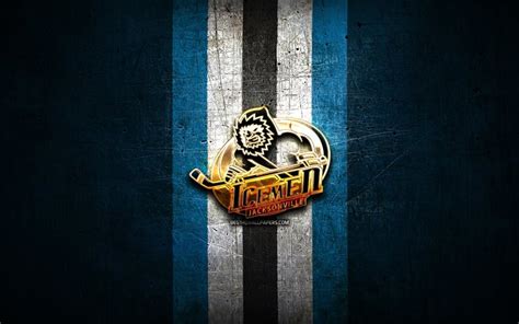 Download wallpapers Jacksonville IceMen, golden logo, ECHL, blue metal ...