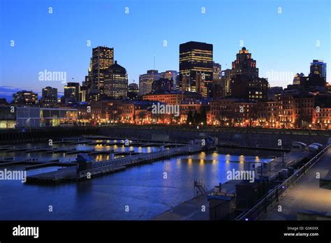 The night view of Old Port of Montreal with downtown skyline of ...