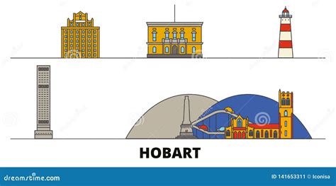 Australia, Hobart Flat Landmarks Vector Illustration. Australia, Hobart Line City with Famous ...