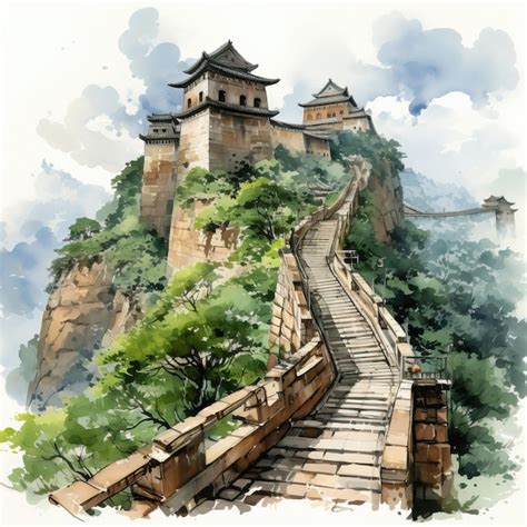 Premium Vector | Watercolor vector great wall of china badaling on white b