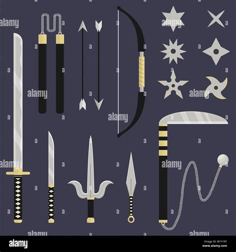 Ninja weapon set. Katana, sai, kunai, nunchacku, shuriken, kusarigama ...