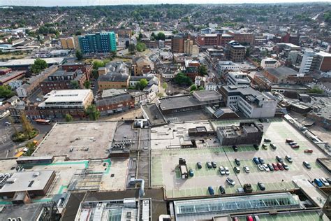 Luton City Centre and Local Buildings, High Angle Drone's View of Luton ...