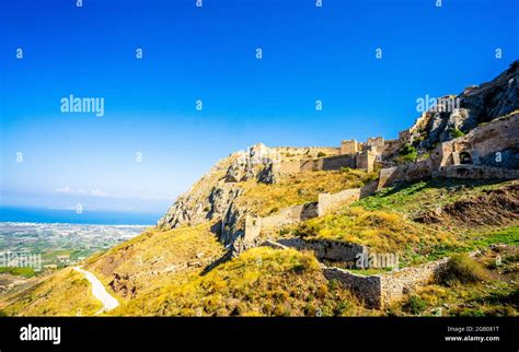 The ruins of Acrocorinth fortress in Peloponnes - Greece Stock Photo ...