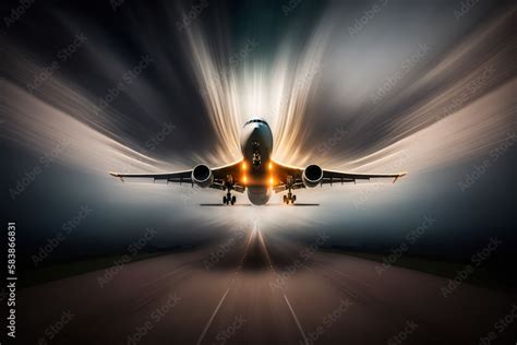 Abstract passenger plane taking off in motion blur. Generative AI ...