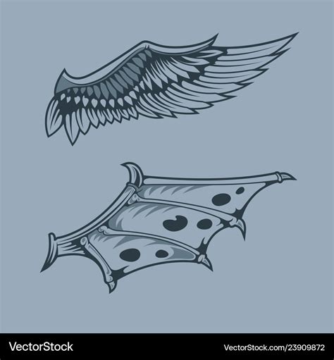 Angel and dragon wings monochrome tattoo style Vector Image