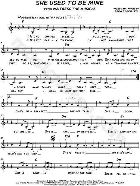 Sara Bareilles "She Used To Be Mine" Sheet Music (Leadsheet) in F Major (transposable ...