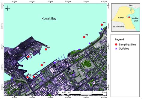 A map showing Shuwaikh harbor and the 7 sampling sites (red points ...