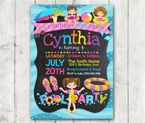 Printable POOL PARTY birthday invitations Girls Pool Party Invitation Pool Party Invite Summer ...