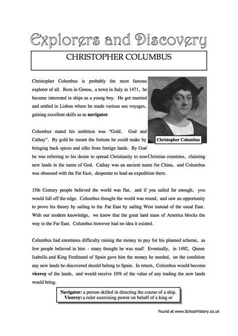 Christopher Columbus Facts & Information Worksheet - Year 8/9