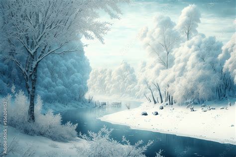 Beautiful magical winter wonderland landscape. Digital art Stock Illustration | Adobe Stock