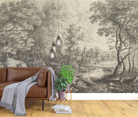 Vintage Scenic Wallpaper, Landscape Sepia Color Wall Mural,vintage ...