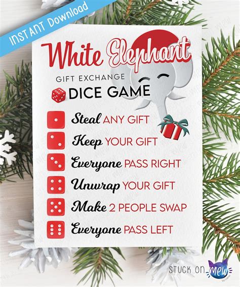 Printable White Elephant Dice Game Gift Exchange Rules, Secret Santa, White Elephant Gift Swap ...