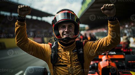 F1 race car driver celebrating the win in a race against bright stadium ...