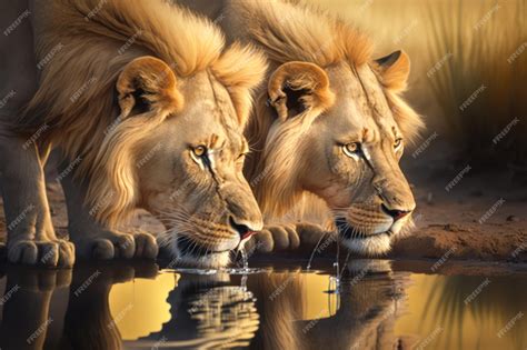 Premium AI Image | Two lions drinking water from a pond