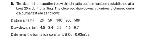 Solved 5. The depth of the aquifer below the phreatic | Chegg.com