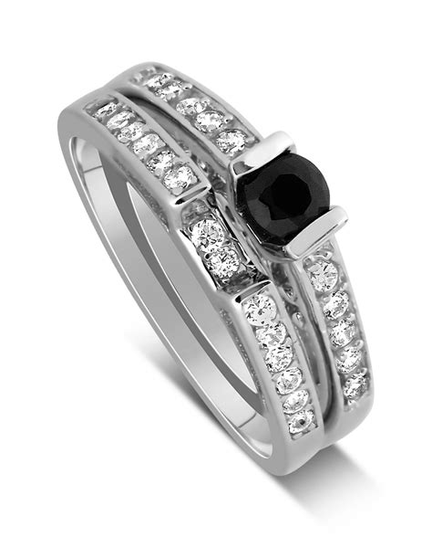1 Carat Unique Black and White Round Diamond Wedding Ring Set in White ...