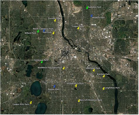 Map of Minneapolis, Minnesota and surrounding areas depicting 16 parks ...