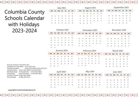 Columbia County Schools Calendar with Holidays 2023-2024