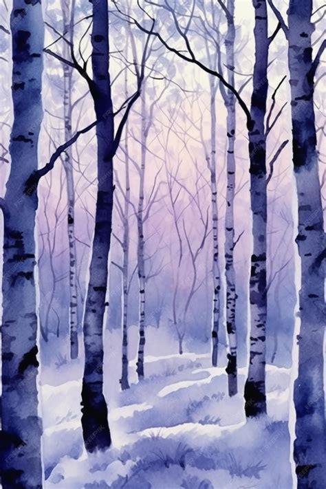 Premium AI Image | A watercolor painting of a forest with snow covered trees.