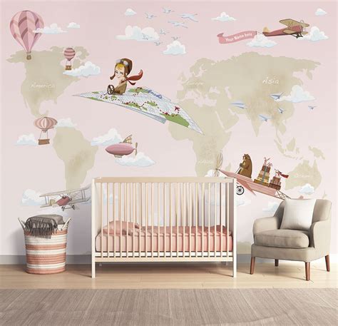 Kids Mural of a World Map Pink Wallpaper for Girl Room - Etsy