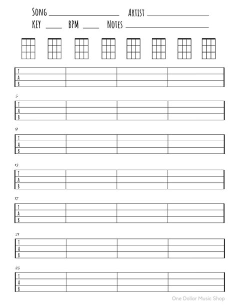 Ukulele blank tabs chords chart instant download blank sheet music ...