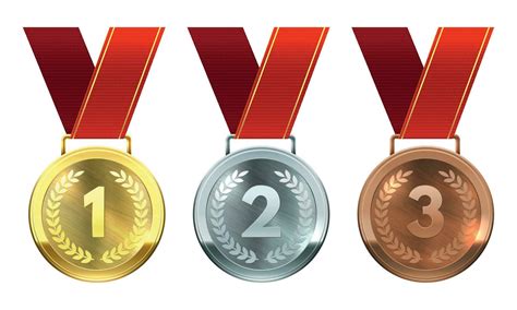 Gold, silver and bronze medals. First, second and third place awards, realistic round medals on ...