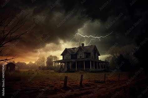 Grand Victorian Halloween haunted house with dramatic lights and fog ...