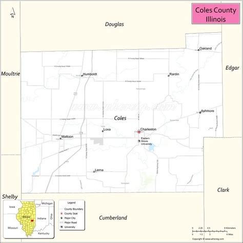 Map of Coles County, Illinois showing cities, highways & important ...