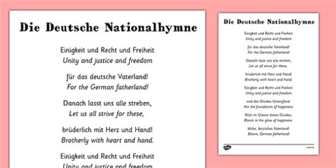 German National Anthem Sheet with Translation - Twinkl