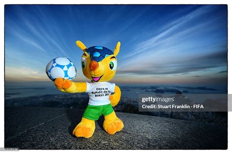 World Cup 2014 mascot Fuleco, is picture by the Christ the redeemer ...