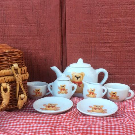 12pc Miniature Ceramic Teddy Bear Tea Set for 2 w/ Wicker Picnic Basket & 2 Blankets / Napkins ...