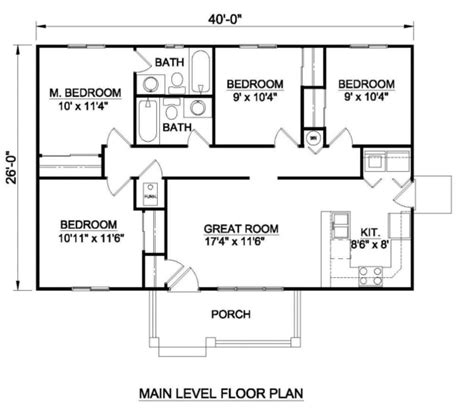 Ranch Plan: 1,040 Square Feet, 4 Bedrooms, 2 Bathrooms - 340-00026